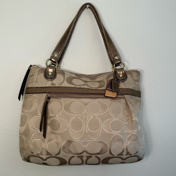 Coach Handbags - Coach Glam Tote Khaki Metallic Gold Signature C Fabric Bronze Leather Trim